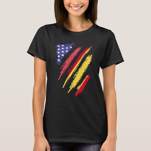 Camiseta Bandeiras do Coração Patriota Americano Espanhol (Frente)