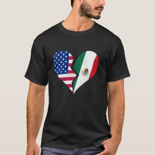 Camiseta Bandeiras dos EUA e México - Símbolo de Coração Qu