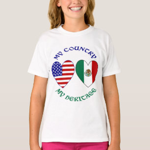Camiseta Bandeiras EUA México Corações Meu País Minha Heran