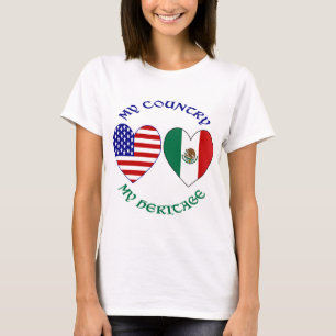 Camiseta Bandeiras EUA México Corações Meu País Minha Heran