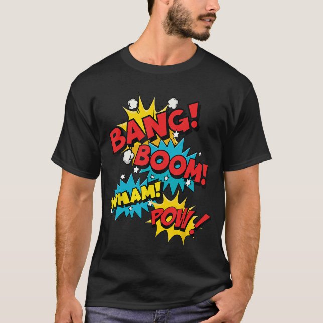 Camiseta Bang Boom Pow Wham Bolhas de Histórias em Quadrinh (Frente)