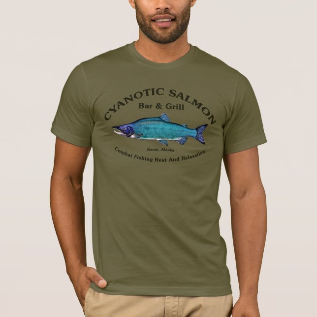 Camiseta Bar de salmão cianótico e grill (Frente)