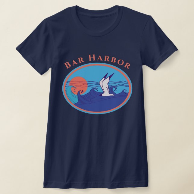 Camiseta Bar Harbour Maine Seagull Ocean Waves e Sun (Postura )