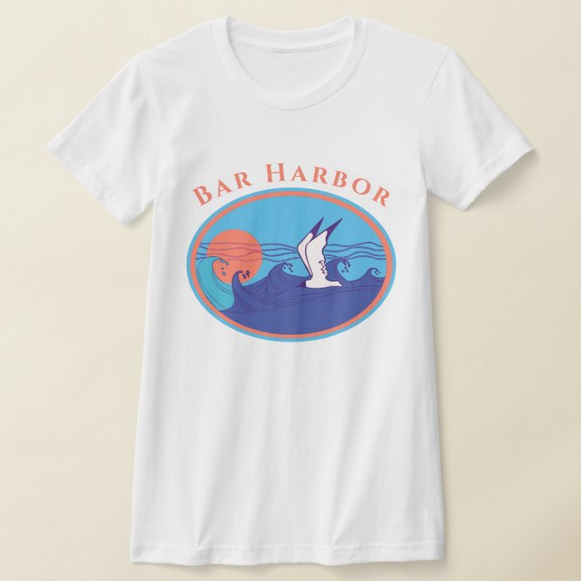 Camiseta Bar Harbour Maine Seagull Ocean Waves e Sun (Postura )
