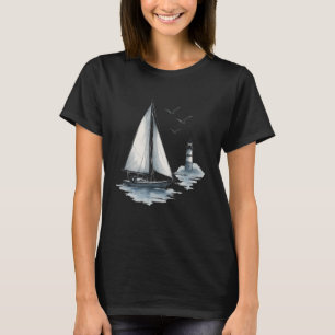 Camiseta Barco à vela náutico com aves marinhas e farol Sai