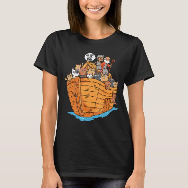 Camiseta Barco de Arca de Noah com Gato Cristão Religioso d (Frente)