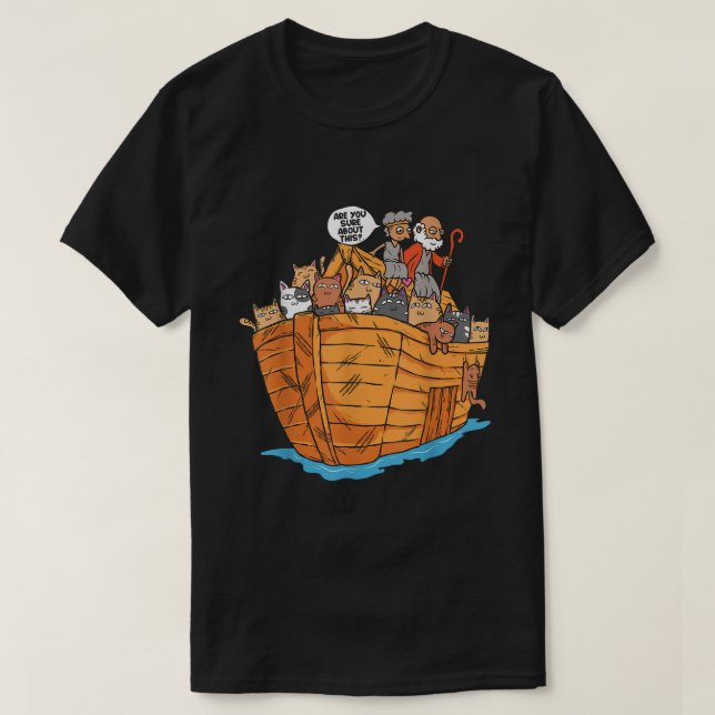 Camiseta Barco de Arca Noahs com Gatos Cristãos Religiosos  (Frente do Design)