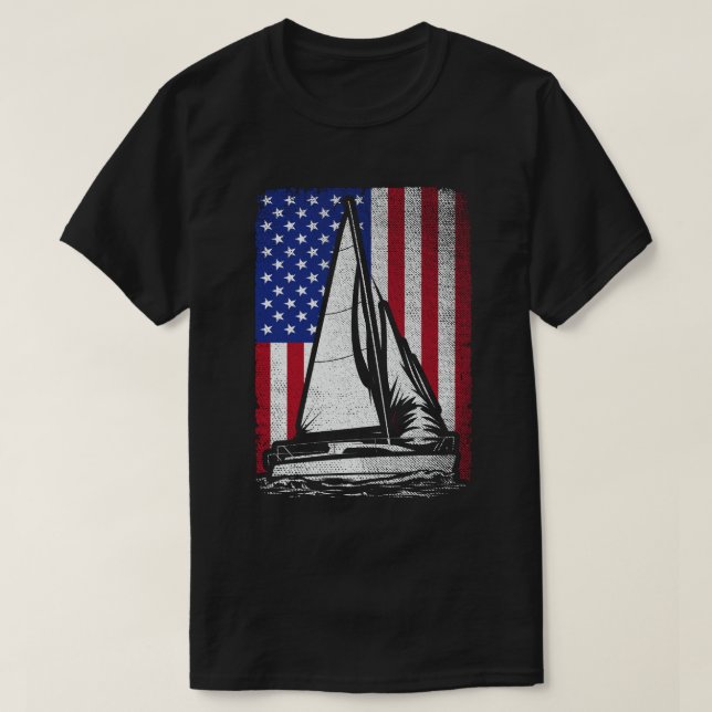 Camiseta Barco de veleiro Patriótico Americano Flag (Frente do Design)