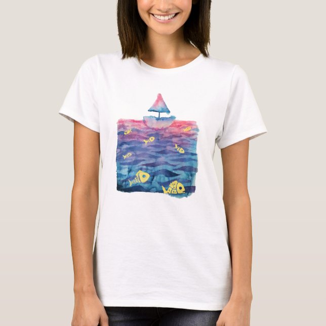 Camiseta Barco e Peixe de Aquarela (Frente)