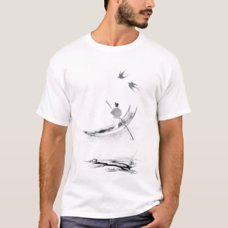 Camiseta "Barco Solitário em Mist - Arte Lava Tinta Chinesa