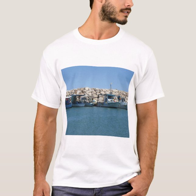 Camiseta Barcos de pesca mediterrânicos no Design do mar Az (Frente)