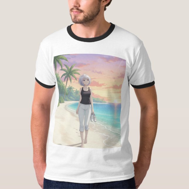 Camiseta Barefoot Sunset Stroll – Tropical Beach Art  (Frente)