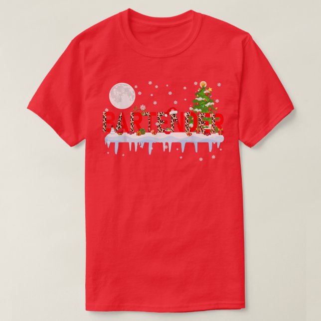 Camiseta Barman Árvore de Natal Luz Leopardo Chapéu de Papa (Frente do Design)