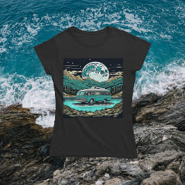 Camiseta Barraca de RV retrô vintage azul-verde nas montanh