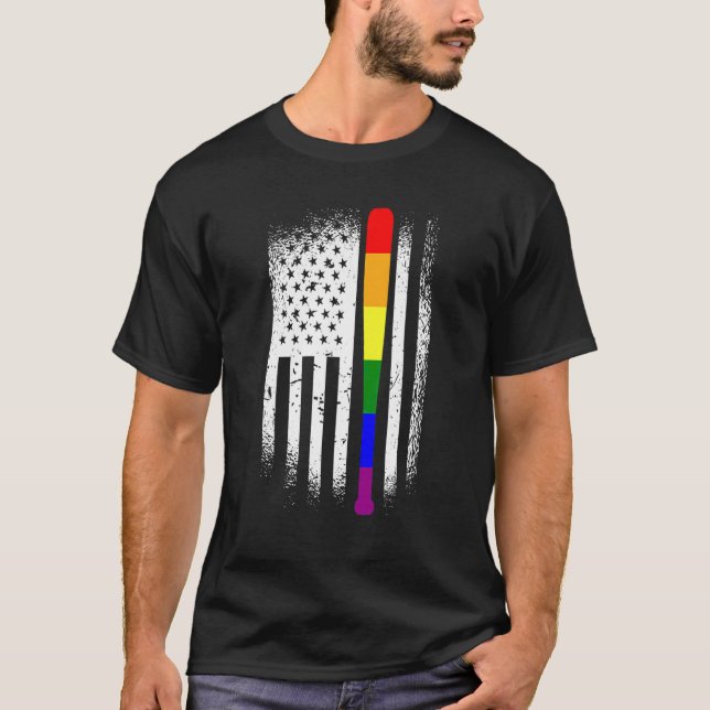 Camiseta Baseball American Flag Lgbt Q Rainbow Bat Gay Prid (Frente)