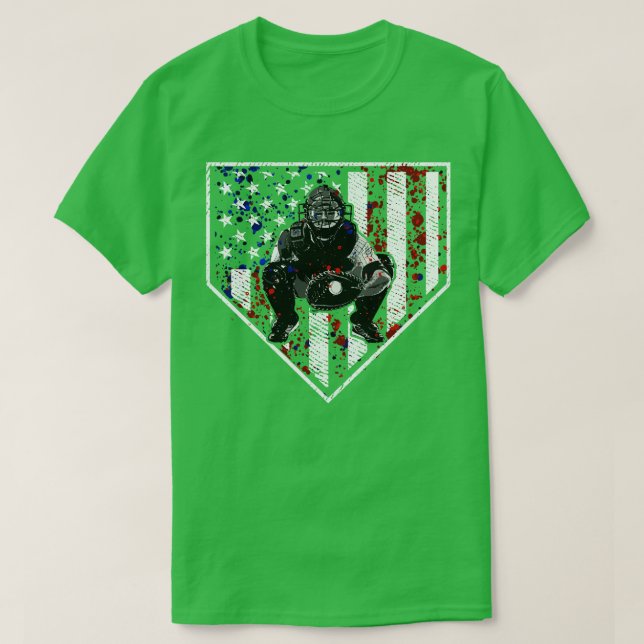 Camiseta Baseball Catcher Home Plate American Flag Patrioti (Frente do Design)