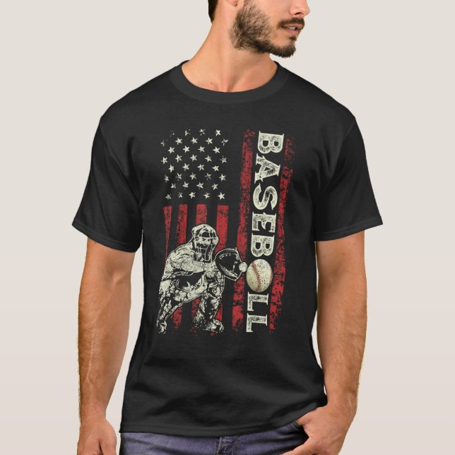 Camiseta Baseball Catcher US Flag  Dad Men Patriotic 4th Of (Frente)