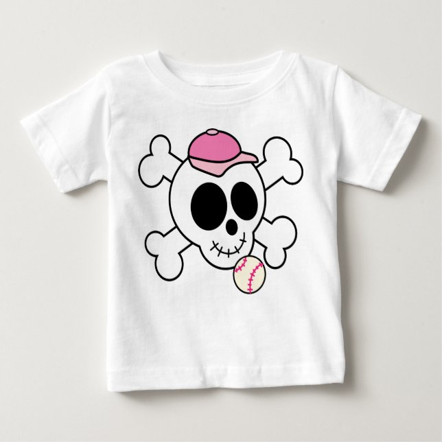 Camiseta Baseball em Caveira Rosa e Crossbones (Frente)