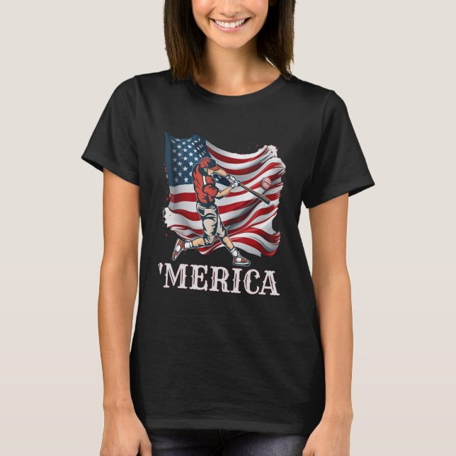 Camiseta Baseball Merica Patriótico 4 de julho Bandeira Ame (Frente)