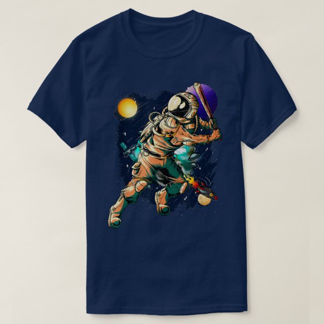 Camiseta Baseball Player Astronaut Outer Space UFO Planets  (Frente do Design)