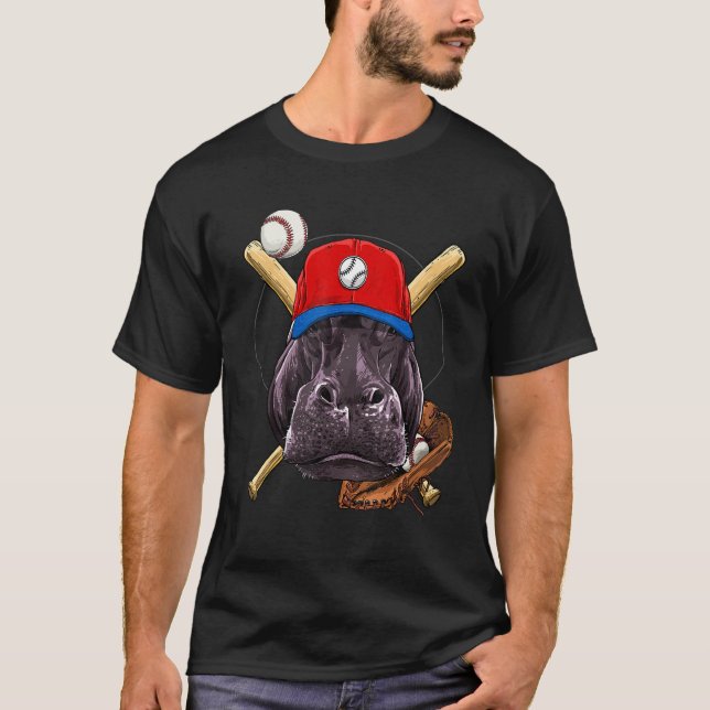 Camiseta Baseball Player Hippopotamus Pitcher Catcher Baseb (Frente)