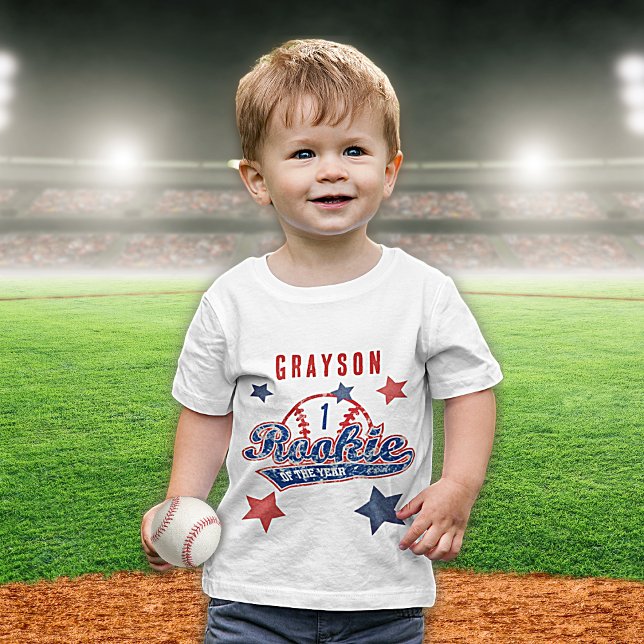 Camiseta Baseball Rookie do Partido do primeiro aniversario (Baseball Rookie of the Year Boy's 1st Birthday Party Baby T-Shirt)