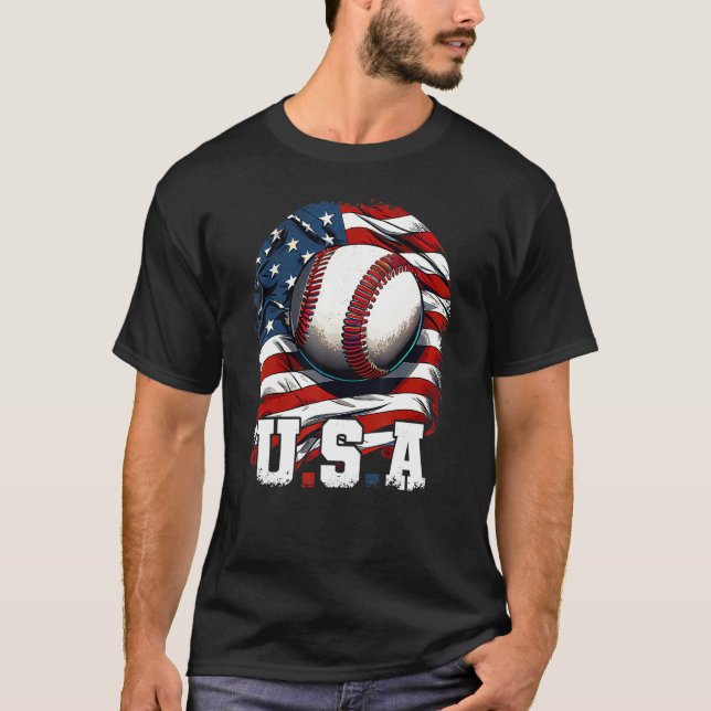 Camiseta Baseball USA Flag Patriotic  4th Of July Baseball (Frente)