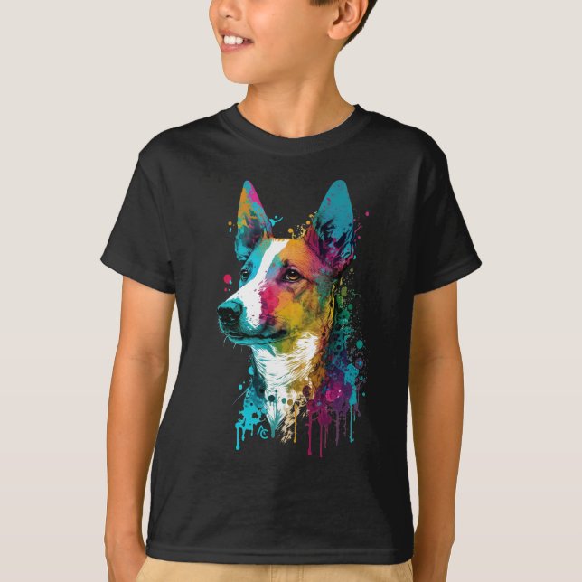 Camiseta Basenji - Splash de Tinta Néon de Grafite (Frente)