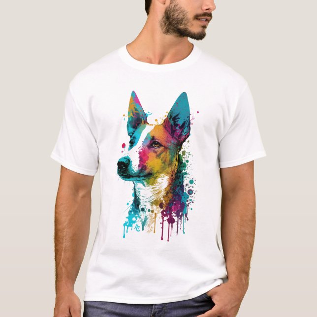 Camiseta Basenji - Splash de Tinta Néon de Grafite (Frente)
