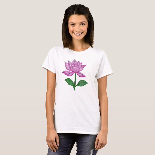 Camiseta básia mujer, con flor rosada (Frente Completa)