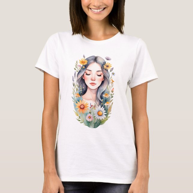 Camiseta Básica das Mulheres Uma garota com flores (Frente)