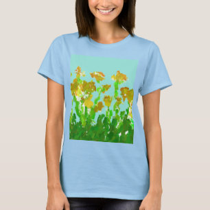 Camiseta Básica Feminina Floral Verde e Dourado Ab