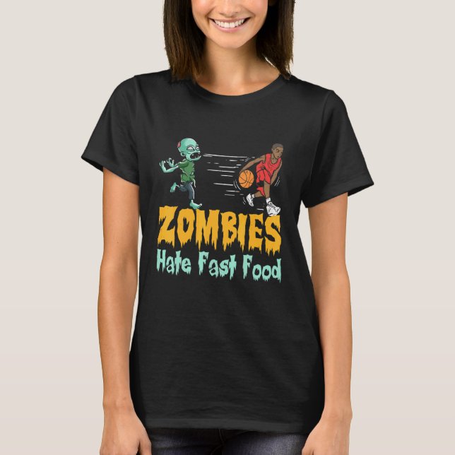Camiseta Basquetebol Zumbis de Halloween Odeiam Comida Rápi (Frente)