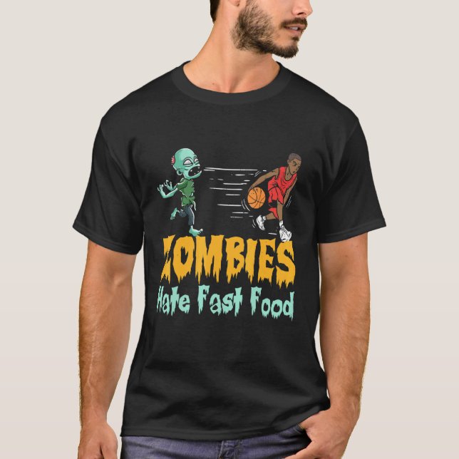 Camiseta Basquetebol Zumbis de Halloween Odeiam Comida Rápi (Frente)