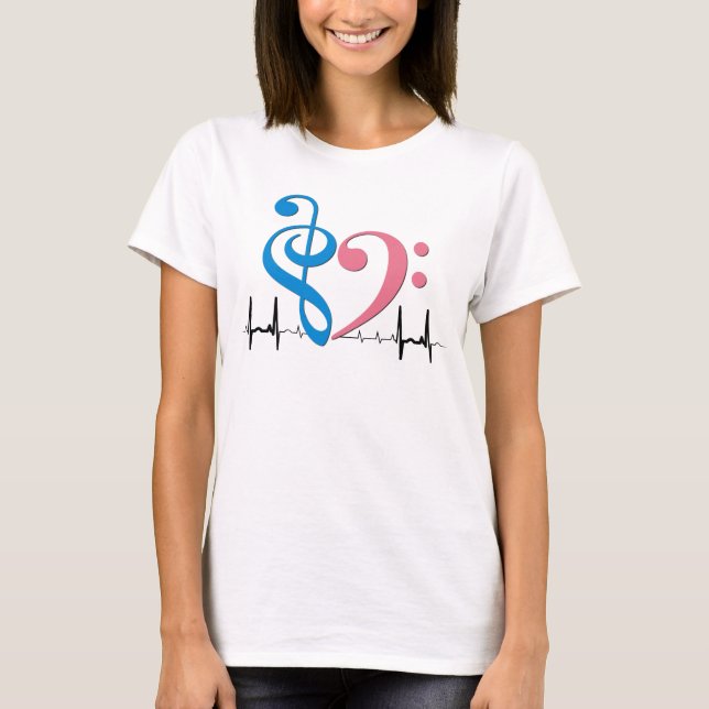 Camiseta Bass Clef Heart EKG Onda Cio e Rosa (Frente)
