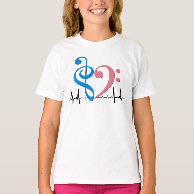 Camiseta Bass Clef Heart EKG Onda Cio e Rosa (Frente)