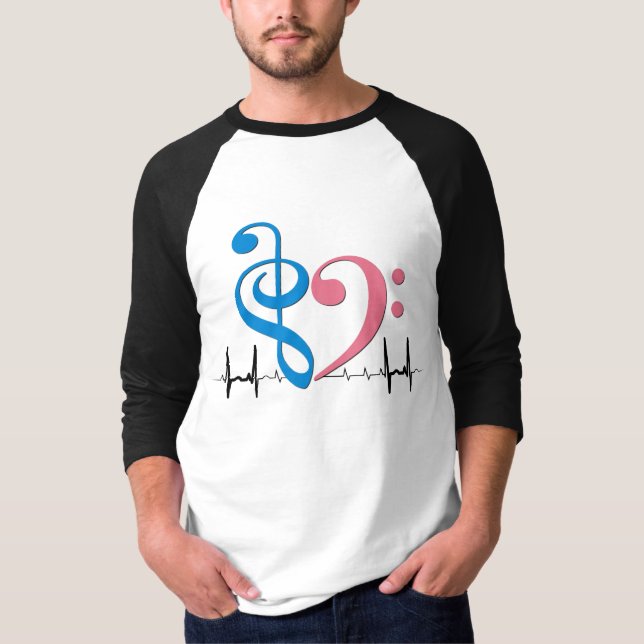 Camiseta Bass Clef Heart EKG Onda Cio e Rosa (Frente)