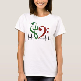 Camiseta Bass Clef Heart EKG Onda Verde e Vermelho Ruby