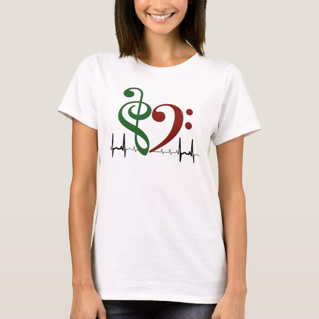Camiseta Bass Clef Heart EKG Onda Verde e Vermelho Ruby (Frente)