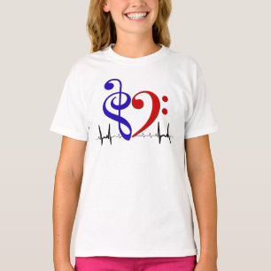 Camiseta Bass Clef Heart EKG Waves Marinho & Red