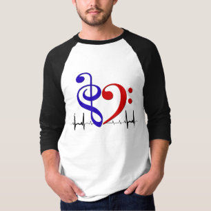 Camiseta Bass Clef Heart EKG Waves Marinho & Red