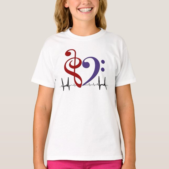 Camiseta Bass Clef Heart EKG Waves Red & Purple T Shirt (Frente)