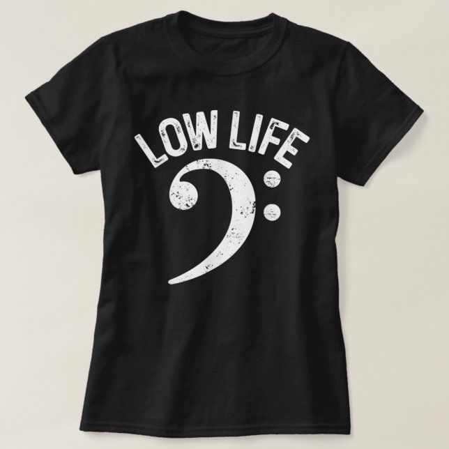 Camiseta Bass Clef Low Life Music Marching Banda Baixo Bras (Frente do Design)