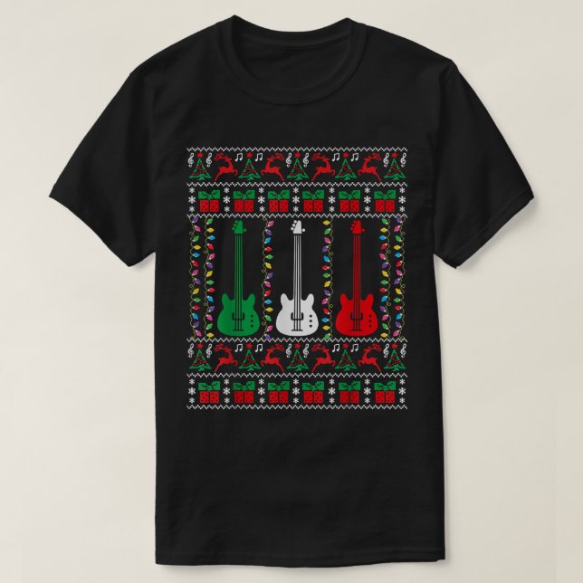 Camiseta Bass Guitar Ugly Christmas Sweater Guitarra Player (Frente do Design)