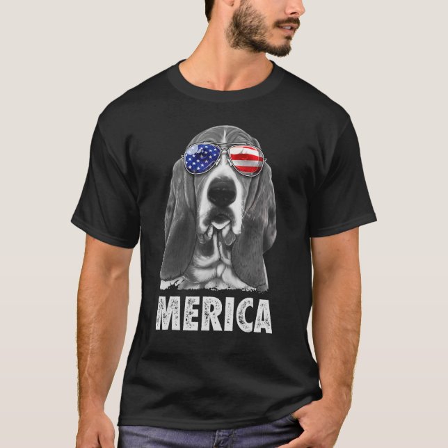 Camiseta Basset Hound 4 de julho Merica Men American Flag (Frente)