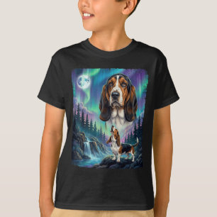 Camiseta Basset Hound Luzes do Norte Aurora Lua Longa