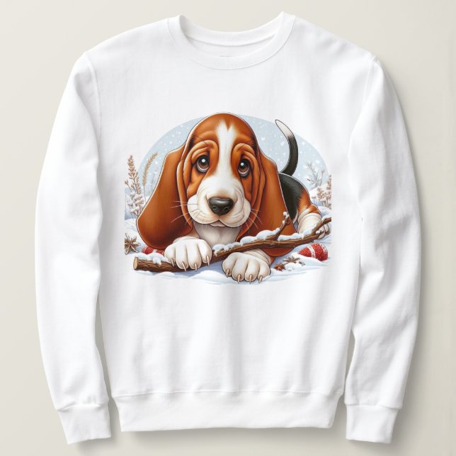Camiseta Basset Hound Puppy na cena de inverno de neve (Frente do Design)