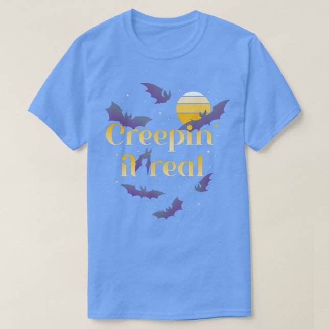 Camiseta Bat Halloween, Lua Stars Sky, Noite Spooky, Creep (Frente do Design)