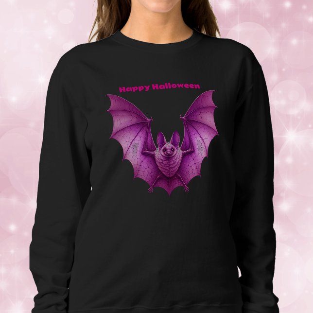 Camiseta Bat Voador Brilhante, Rosa, Gótico, para o Dia das (Vibrant pink spooky Happy Halloween bat wings spread in flight on black sweatshirt.)