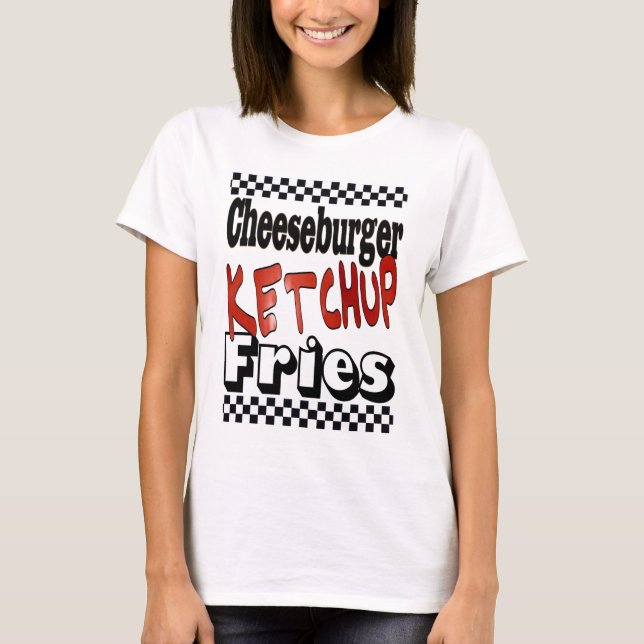 Camiseta Batata Frita com Ketchup e Hambúrguer de Queijo (Frente)